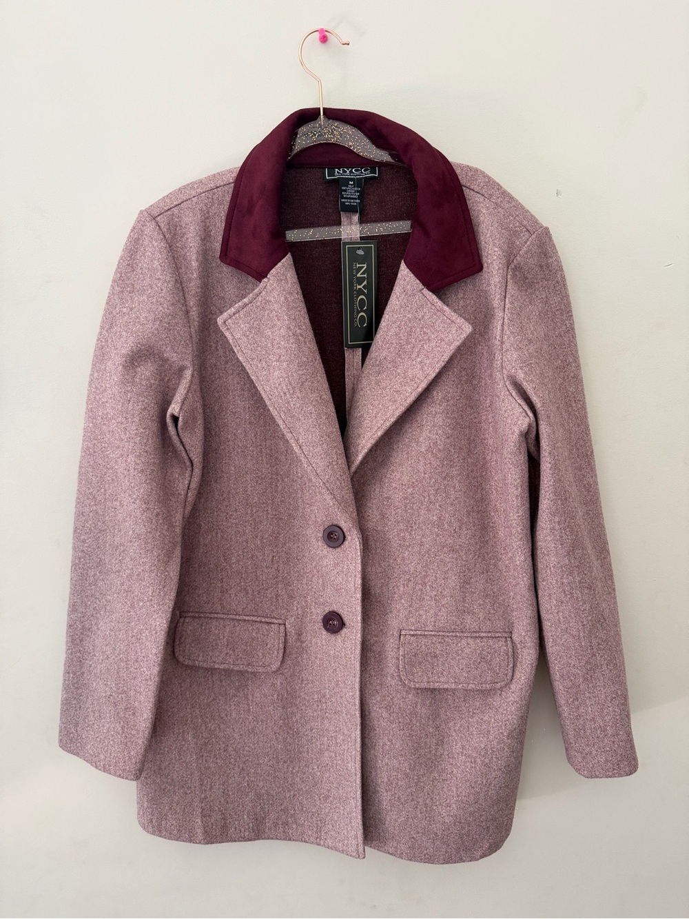 NYCG Women's Dusty Rose Pea Coat with Burgundy Collar